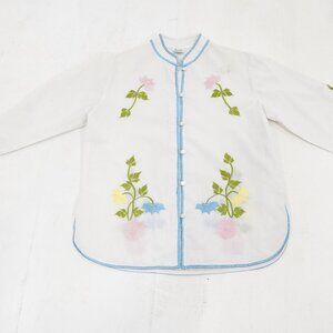 Vintage Caro of Honolulu Embroidered White Blouse Mandarin Collar Sz 10